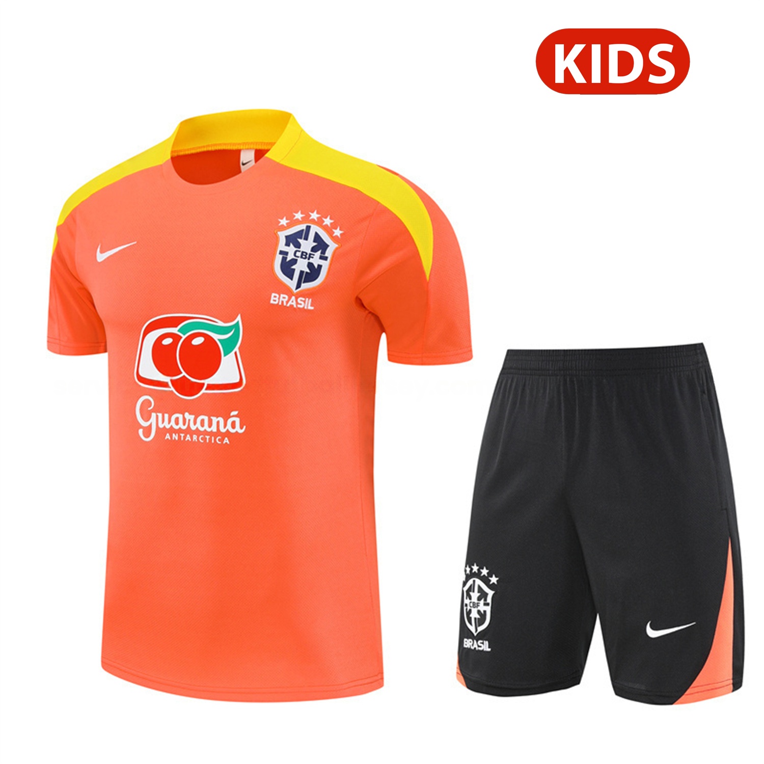 Brazil 25-26 Kids Short-Sleeve Training Set - Orange Top & Black Shorts - Unitedfutballjersey