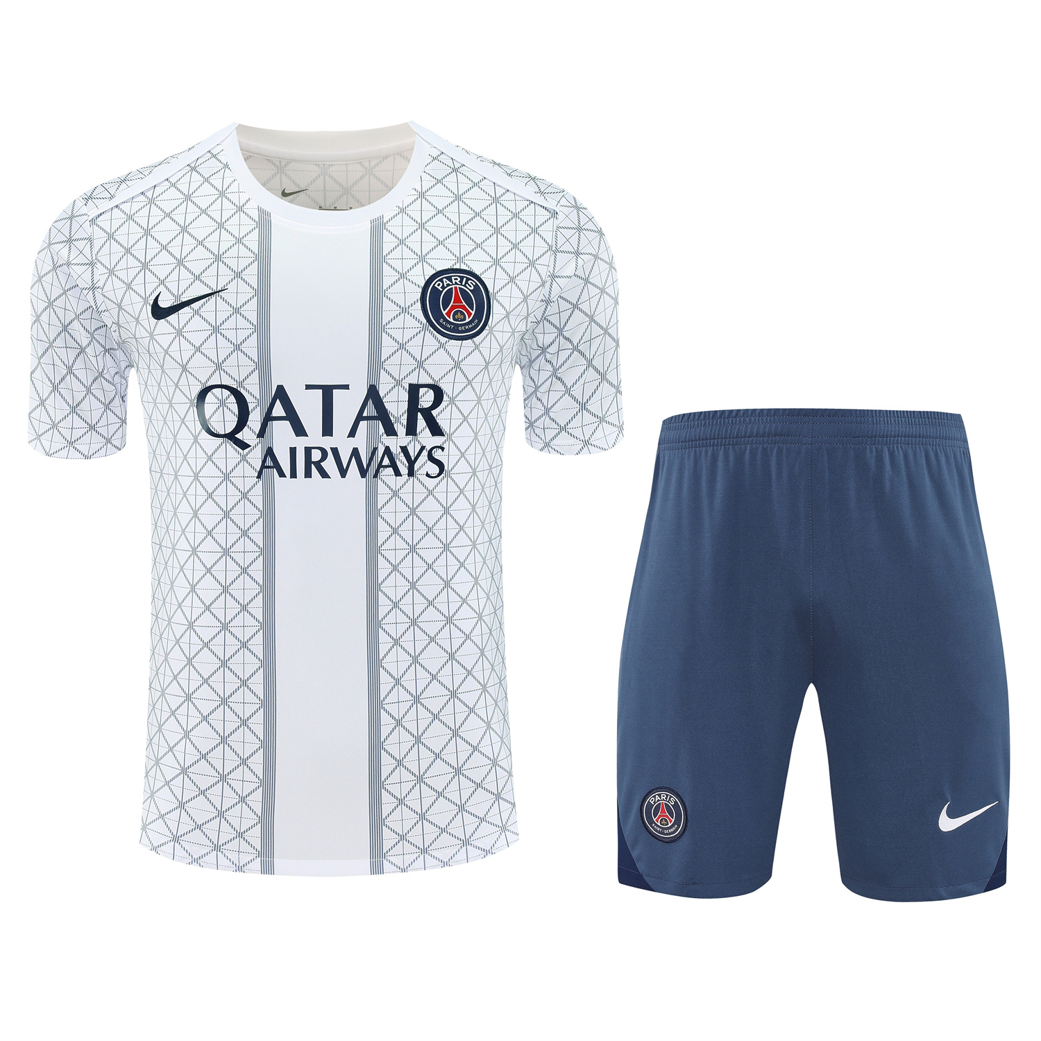 Paris Saint-Germain PSG 25-26 Short-Sleeve Training Set - White Top & Deep Blue Shorts - Unitedfutballjersey