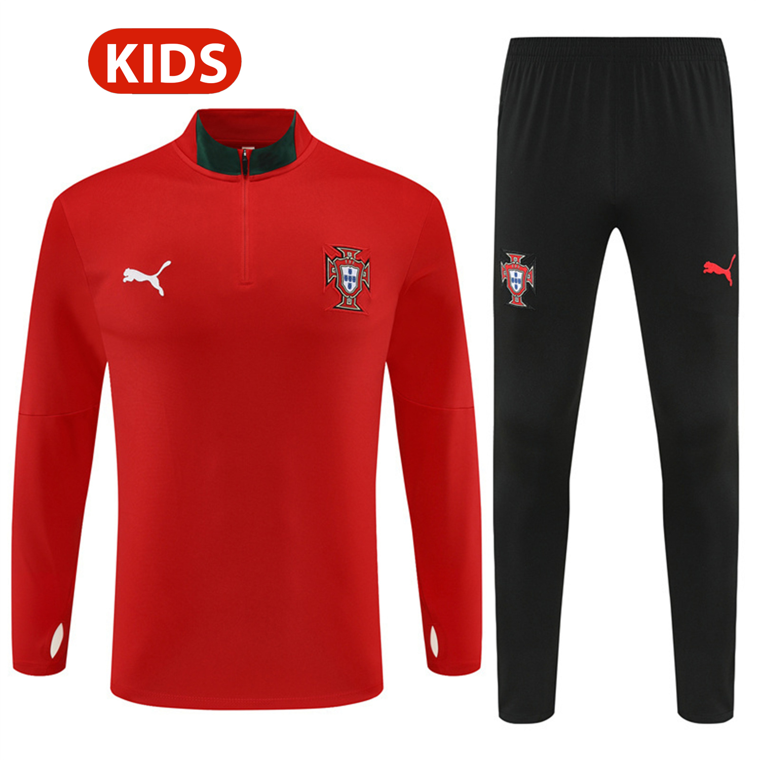 Portugal 25-26 Kids Long Sleeve Training Set - Red Top & Black Pants - Unitedfutballjersey
