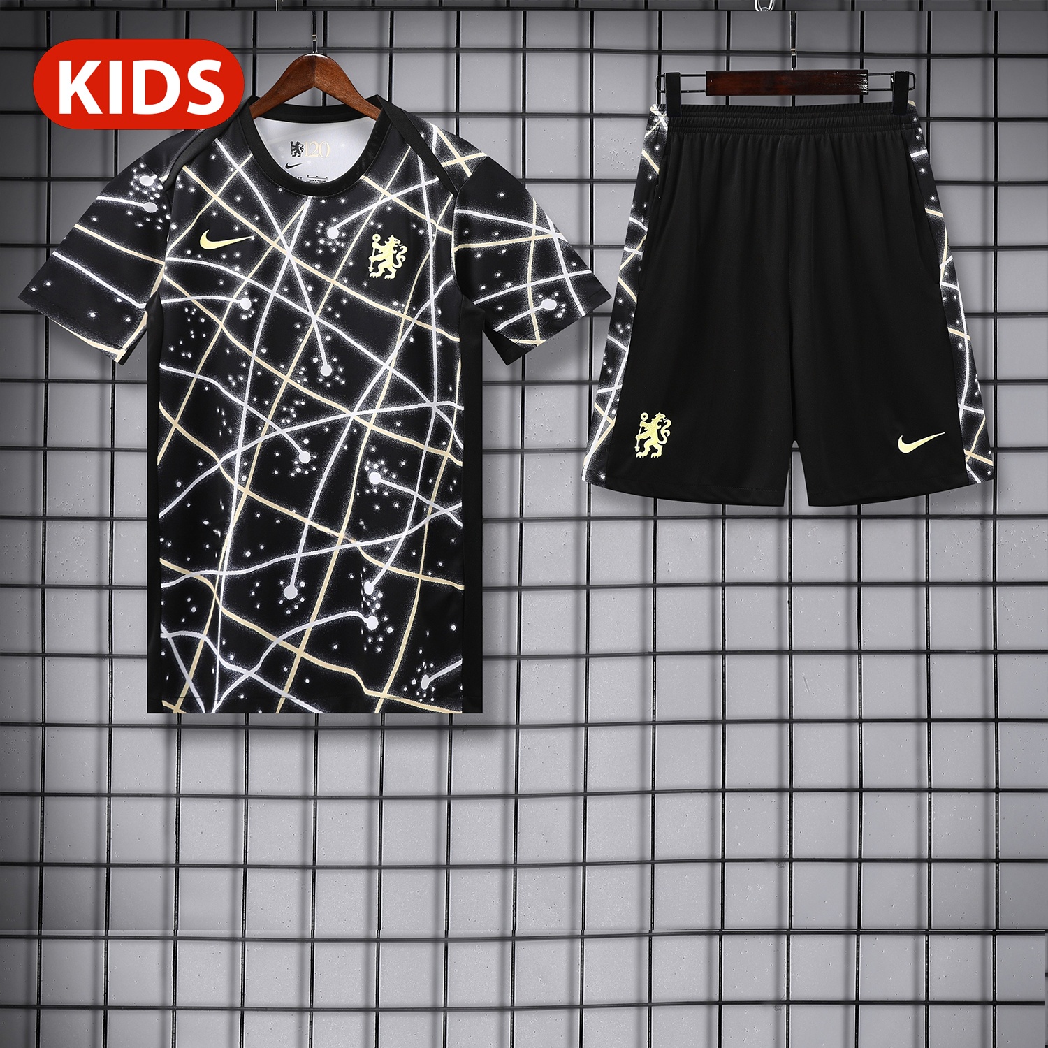 C.H.E.L.S.E.A 25-26 Kids Short-Sleeve Training Set - Yellow Fluorescent Rays Black Top & Black Shorts - Unitedfutballjersey