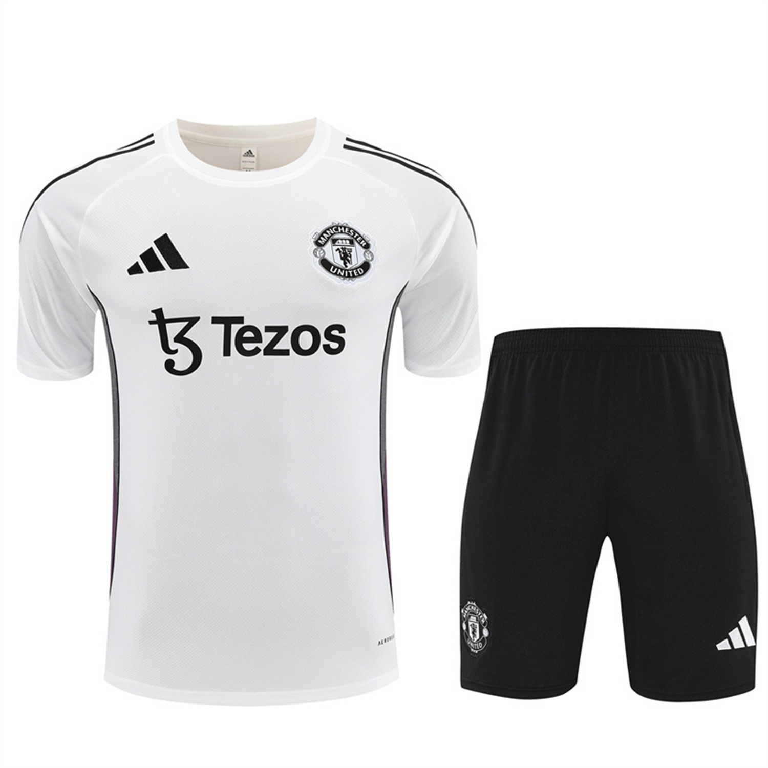 Manchester United 25-26 Kids Short-Sleeve Training Set - White Purple Top & Black Shorts - Unitedfutballjersey