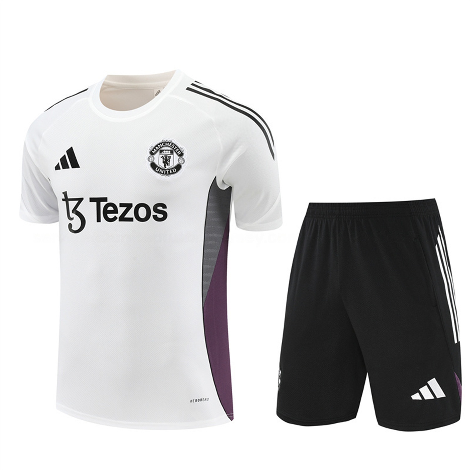 Manchester United 25-26 Short-Sleeve Training Set - White Purple Top & Black Shorts - Unitedfutballjersey