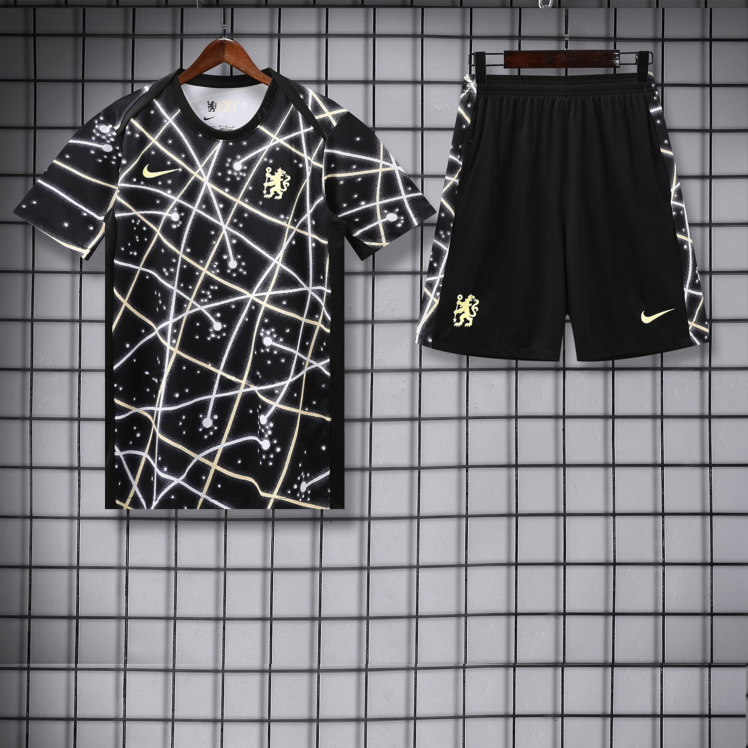 C.H.E.L.S.E.A 25-26 Kids Short-Sleeve Training Set - Yellow Fluorescent Rays Black Top & Black Shorts - Unitedfutballjersey