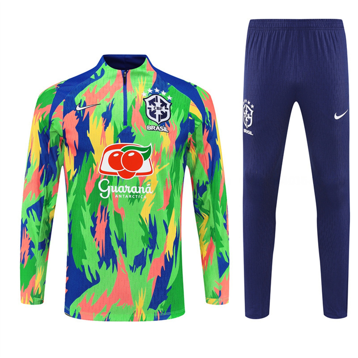 Brazil 25-26 Kids Long Sleeve Training Set - Colorful Camouflage Top & Royal Blue Pants - Unitedfutballjersey