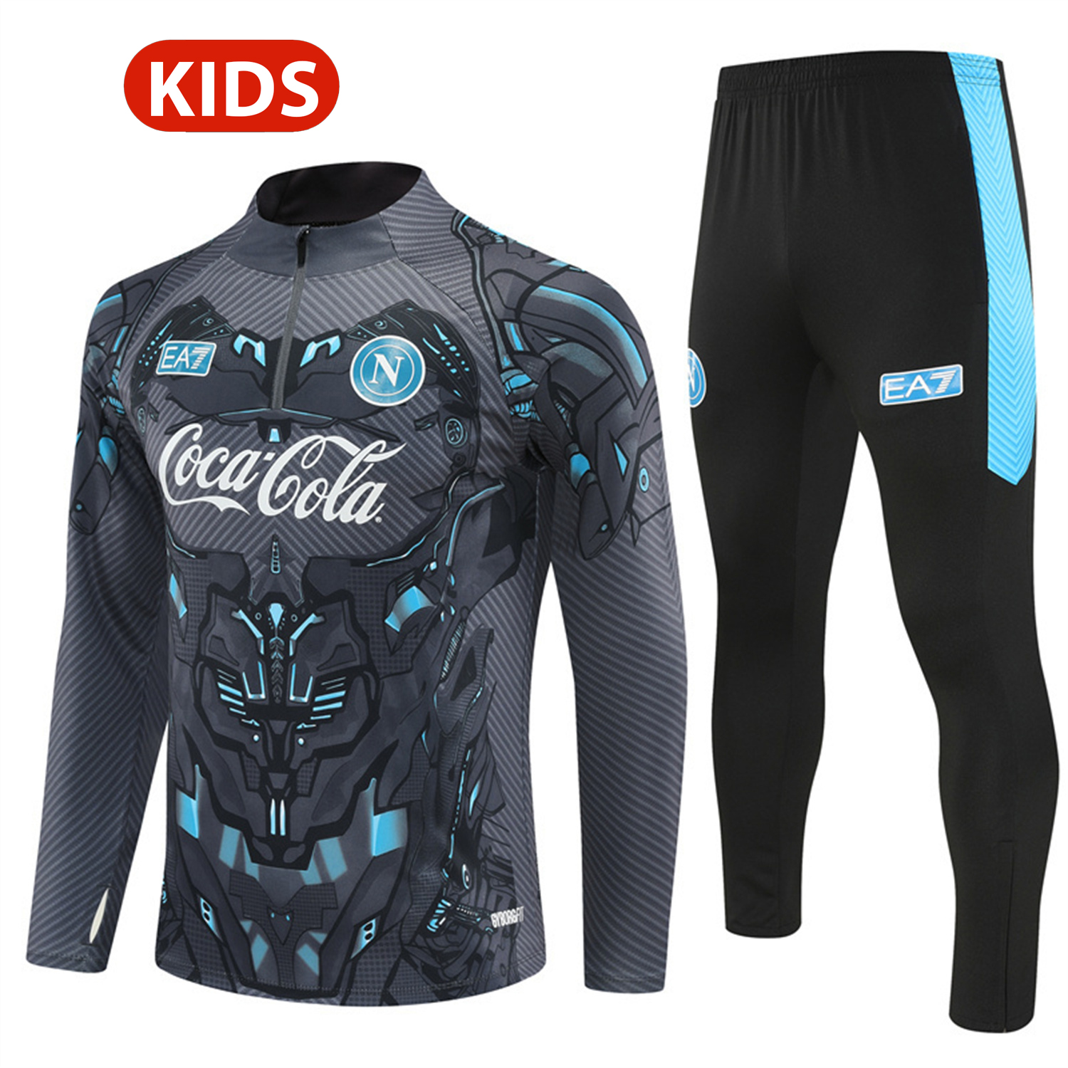 Napoli 25-26 Kids Long Sleeve Training Set - Gray Mecha Top & Black Pants - Unitedfutballjersey