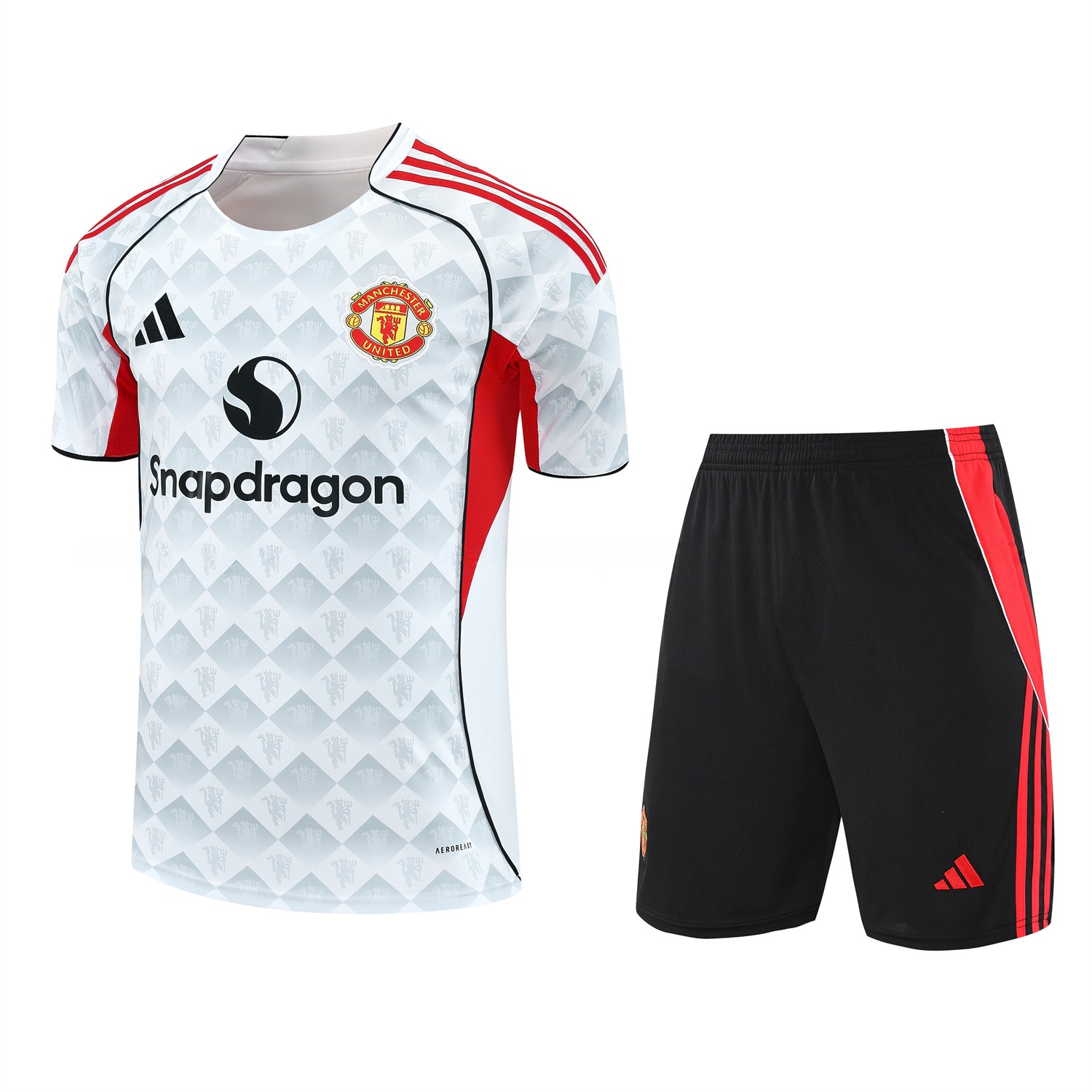 Manchester United 25-26 Short-Sleeve Training Set - Red Edge White Top & Black Shorts - Unitedfutballjersey