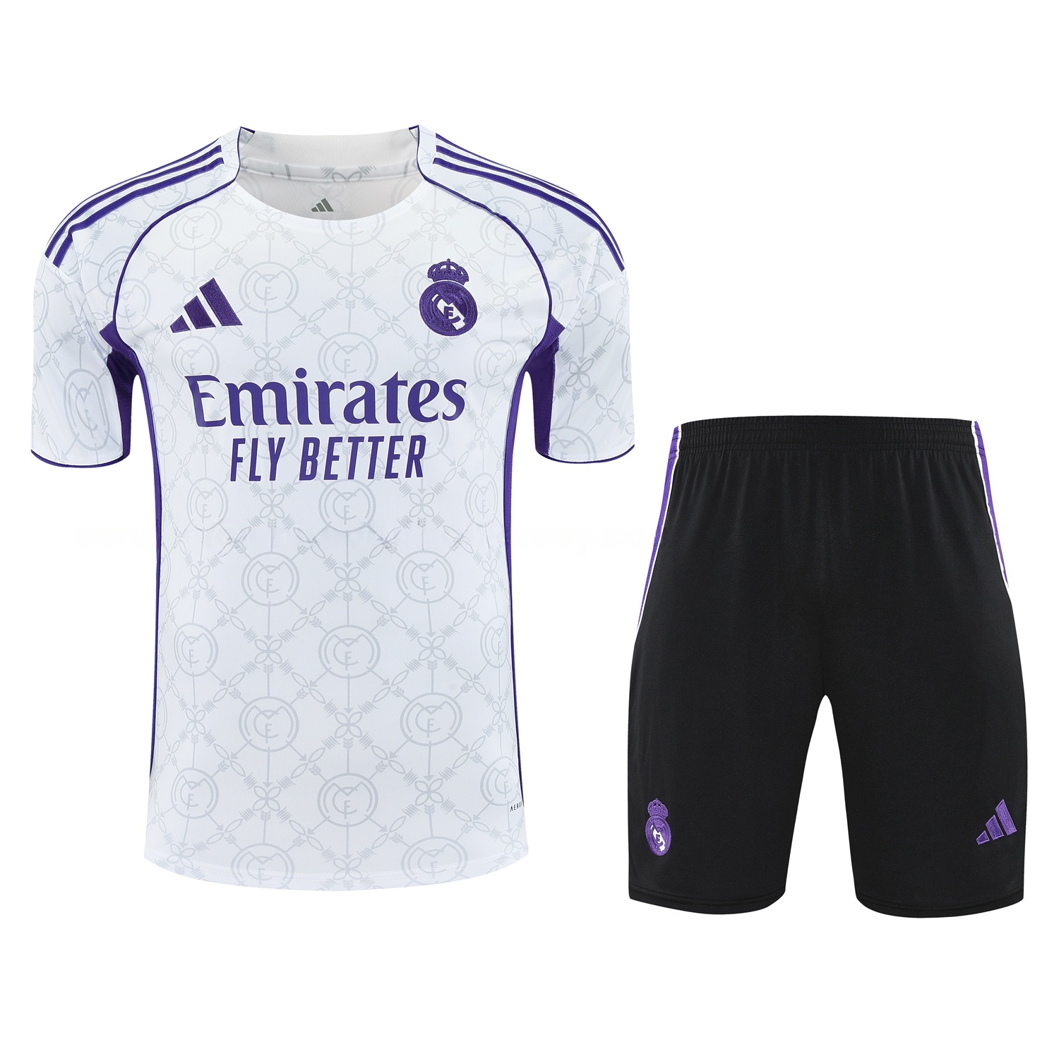 Real Madrid 25-26 Short-Sleeve Training Set - Blue Edge White Top & Black Shorts - Unitedfutballjersey