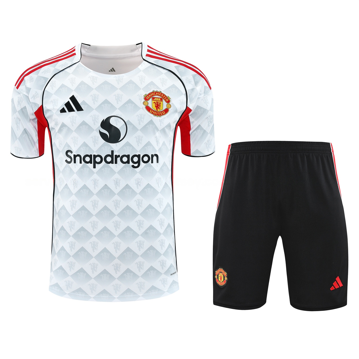 Manchester United 25-26 Short-Sleeve Training Set - Red Edge White Top & Black Shorts - Unitedfutballjersey
