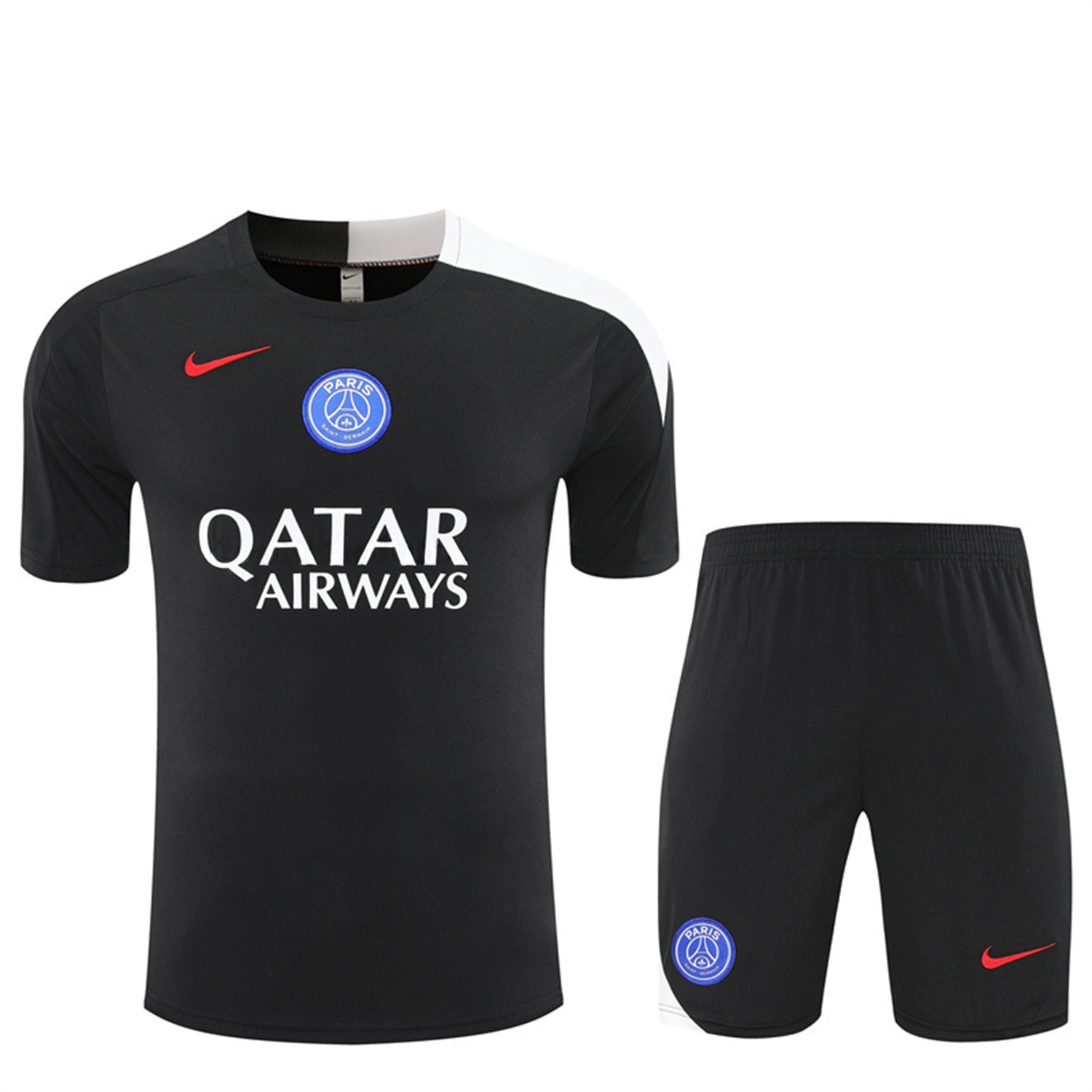 Paris Saint-Germain PSG 25-26 Short-Sleeve Training Set - White Edge Black Top & Black Shorts - Unitedfutballjersey