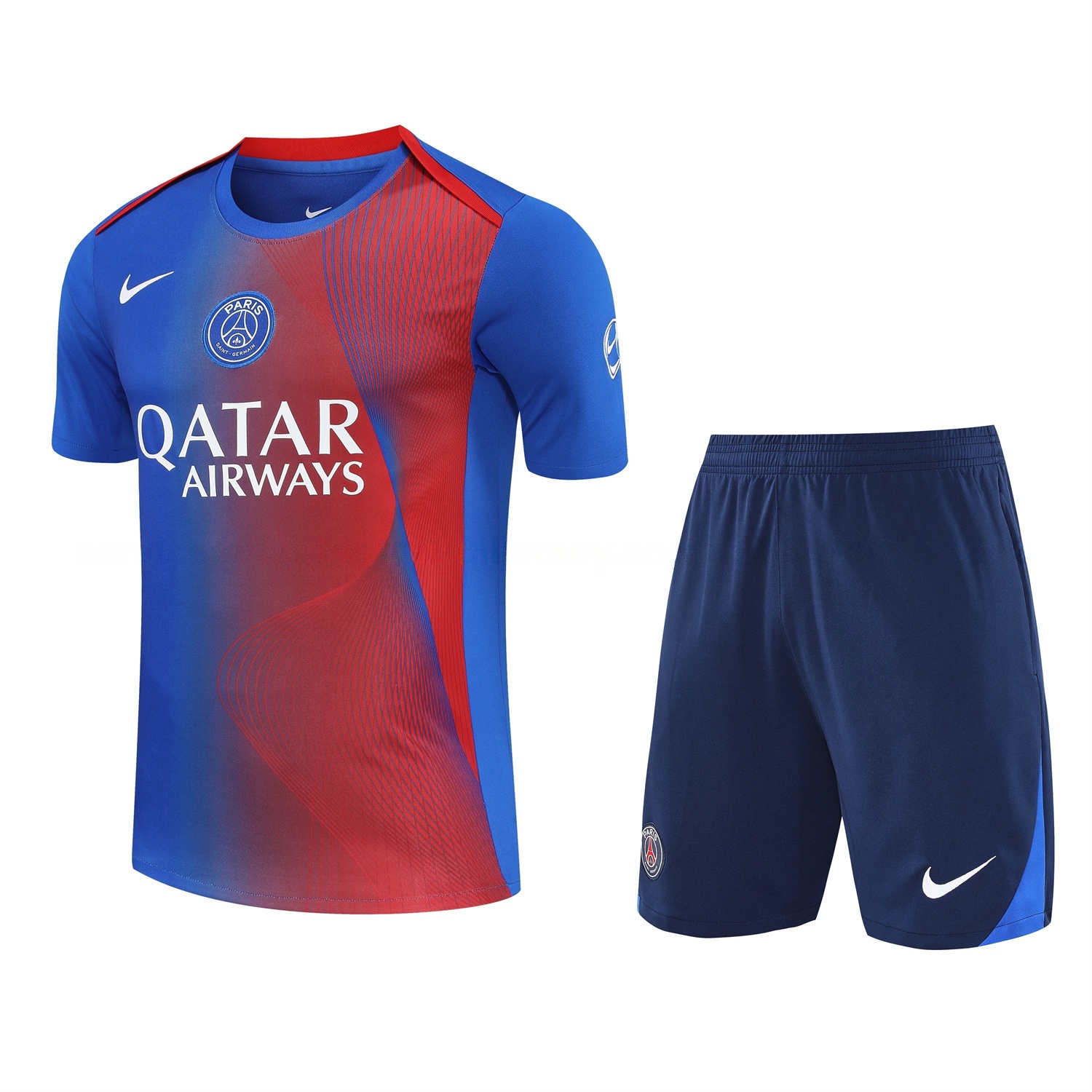 Paris Saint-Germain PSG 25-26 Short-Sleeve Training Set - Red And Blue Lines Top & Blue Shorts - Unitedfutballjersey