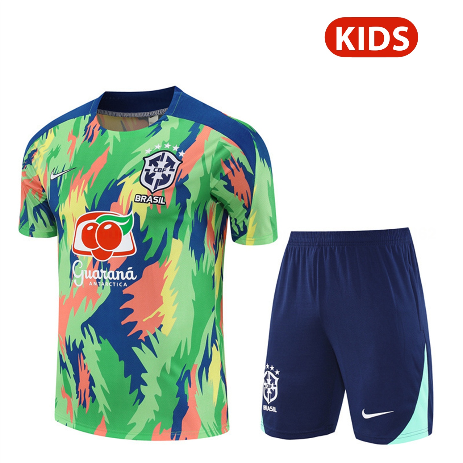 Brazil 25-26 Kids Short-Sleeve Training Set - Blue Green Camouflage Top & Blue Shorts - Unitedfutballjersey