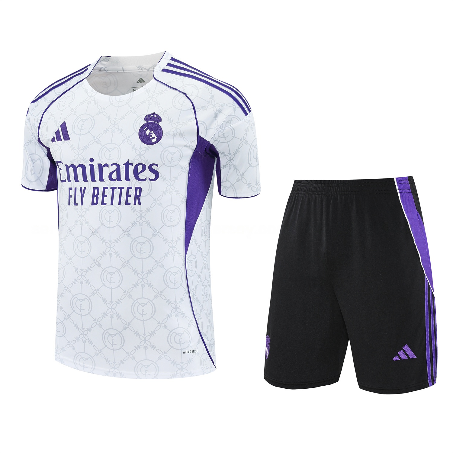 Real Madrid 25-26 Short-Sleeve Training Set - Blue Edge White Top & Black Shorts - Unitedfutballjersey