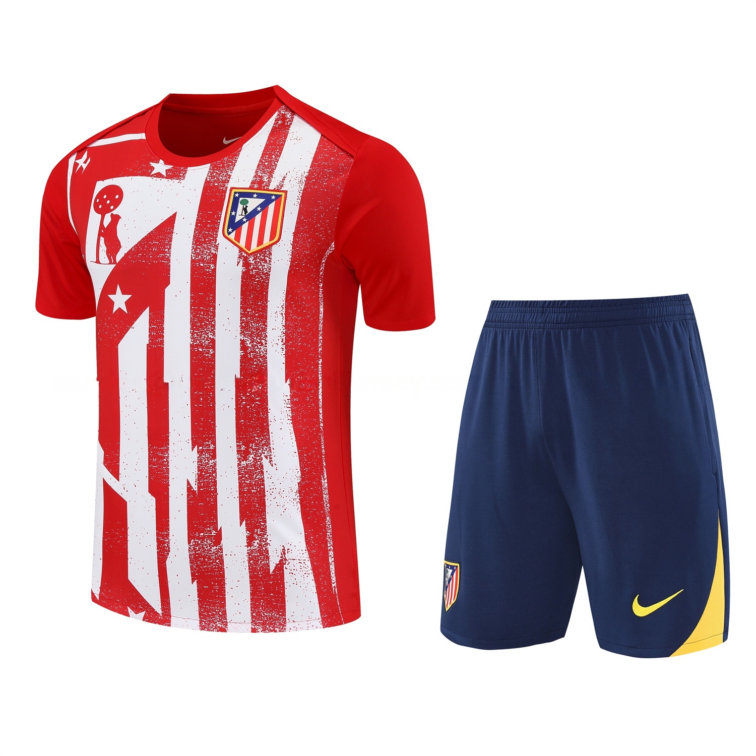 Atletico Madrid Short-Sleeve Training Set - Red White Top & Blue Shorts - Unitedfutballjersey