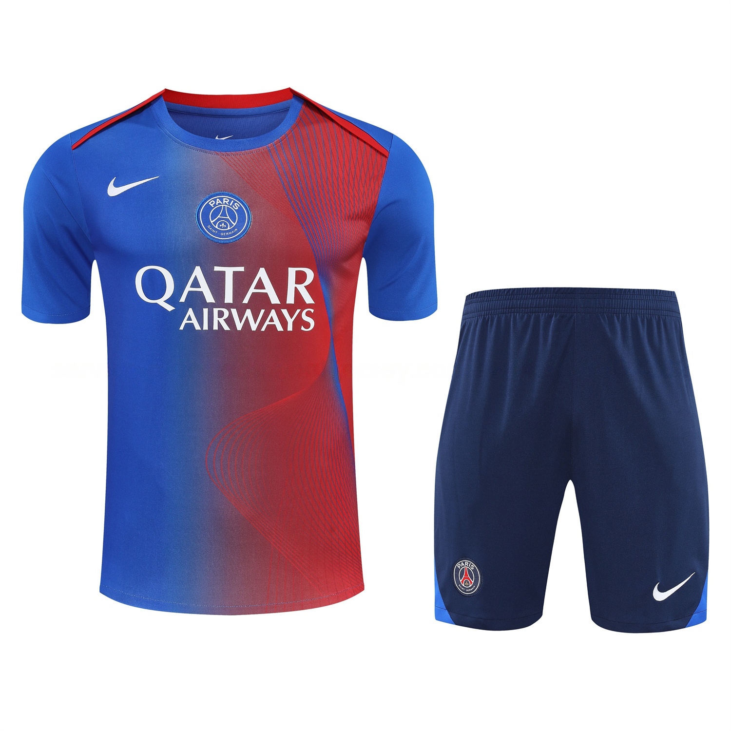 Paris Saint-Germain PSG 25-26 Short-Sleeve Training Set - Red And Blue Lines Top & Blue Shorts - Unitedfutballjersey