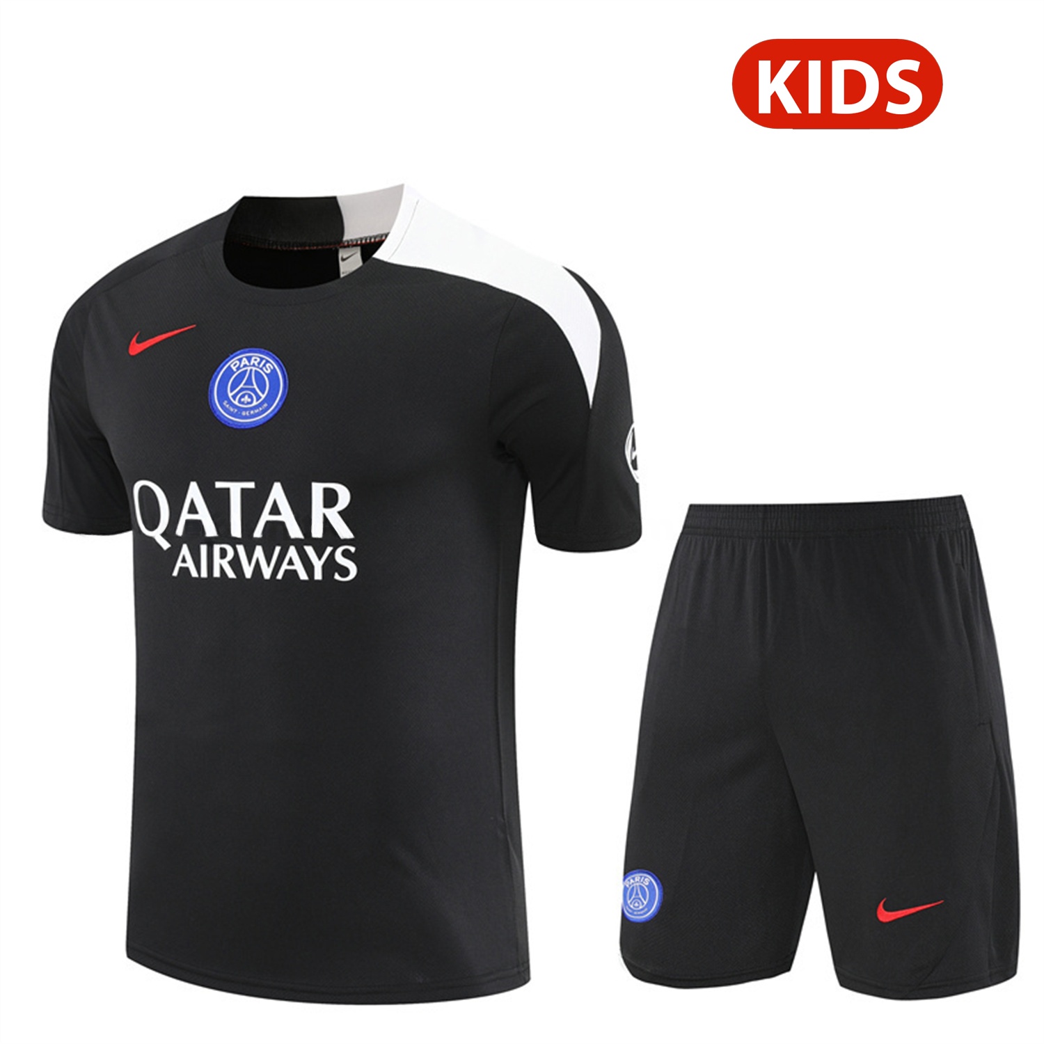 Paris Saint-Germain PSG 25-26 Kids Short-Sleeve Training Set - White Edge Black Top & Black Shorts - Unitedfutballjersey