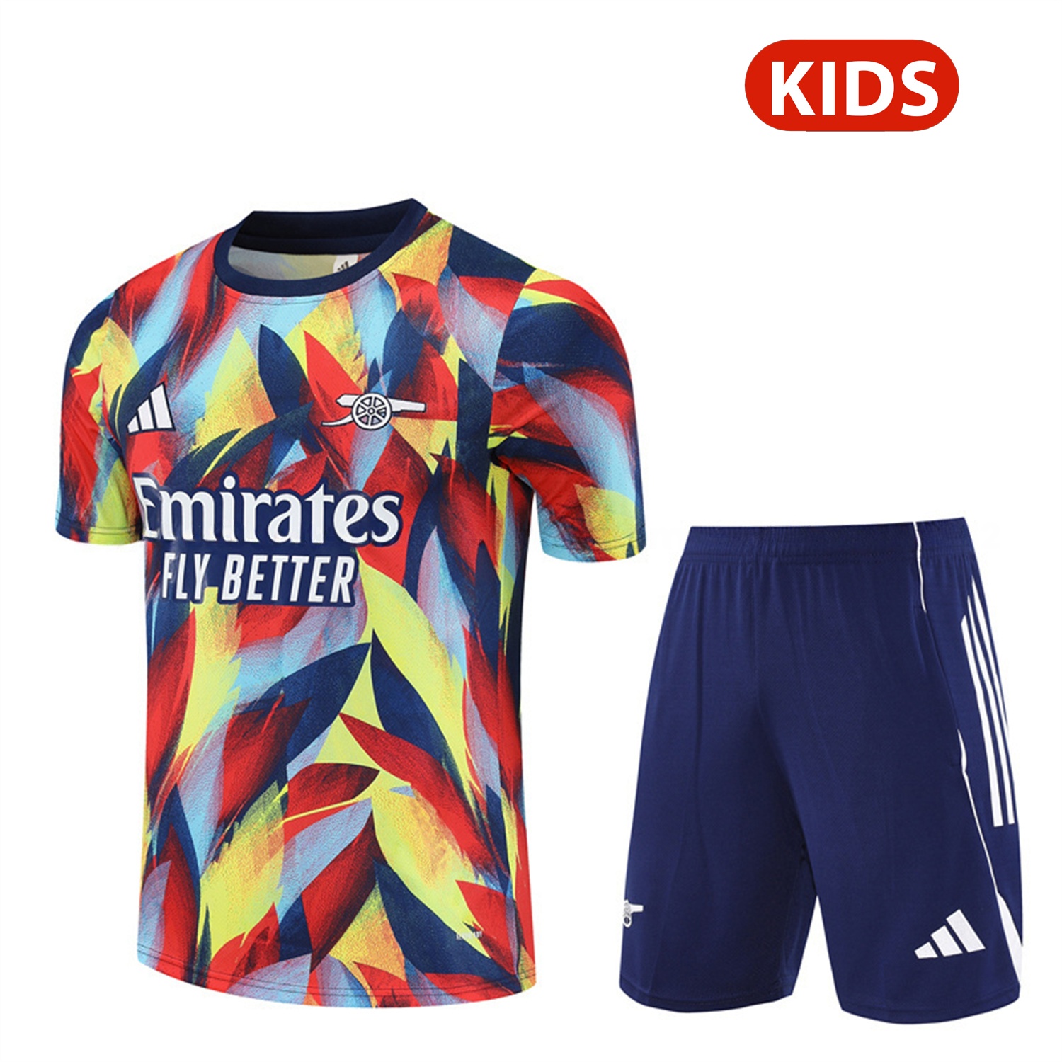 Arsenal 25-26 Kids Short-Sleeve Training Set - Colorful Camouflage Top & Blue Shorts - Unitedfutballjersey
