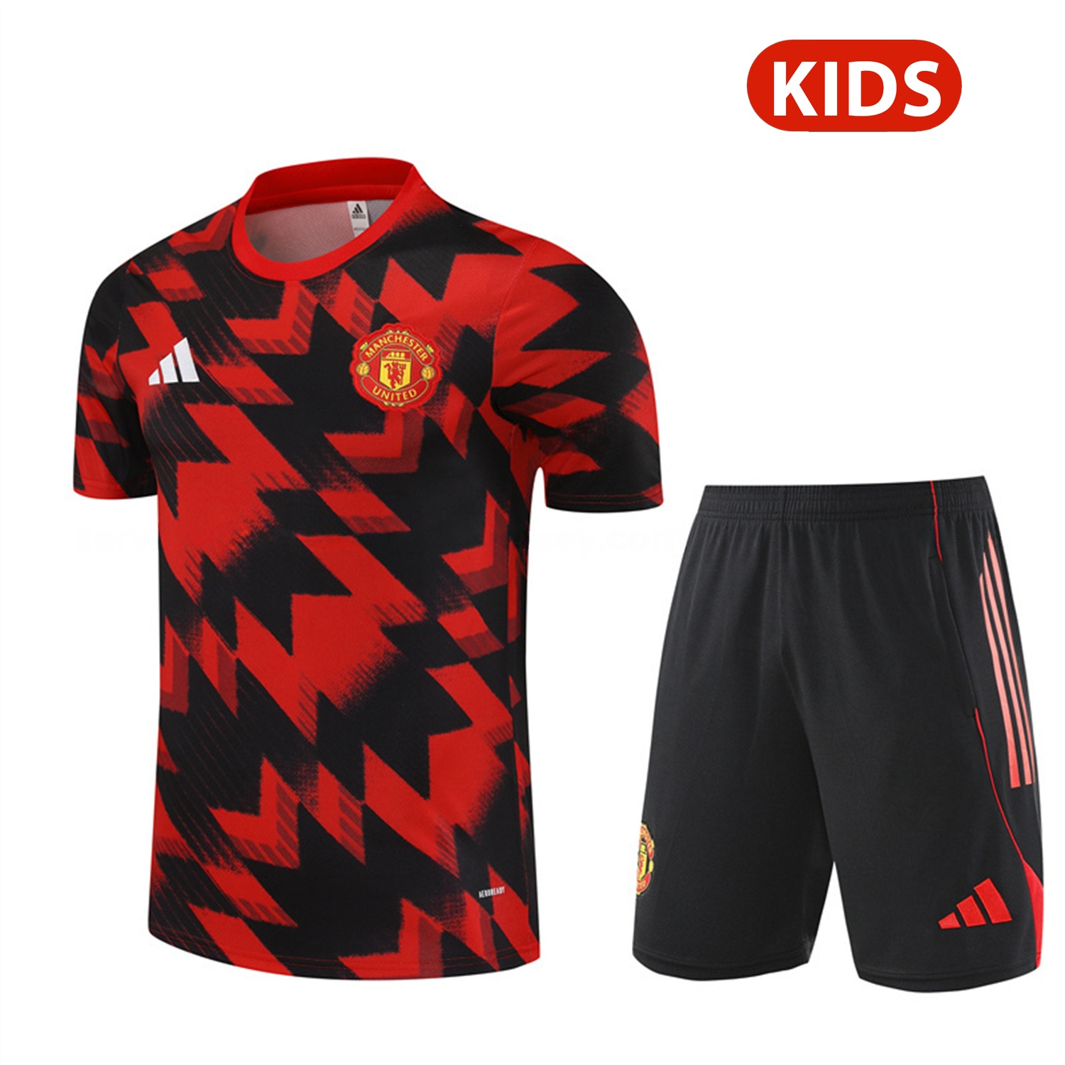 Manchester United 25-26 Kids Short-Sleeve Training Set - Red Camouflage Top & Black Shorts - Unitedfutballjersey