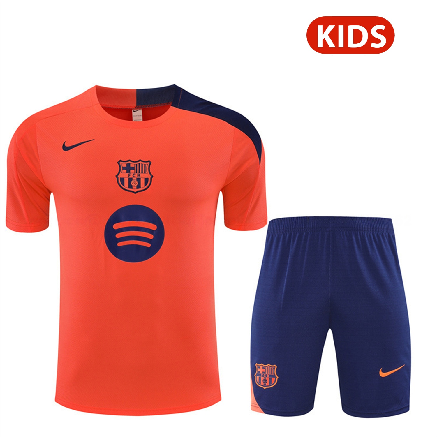 Barcelona 25-26 Kids Short-Sleeve Training Set - Orange Top Royal Blue Sponsor & Royal Blue Shorts - Unitedfutballjersey