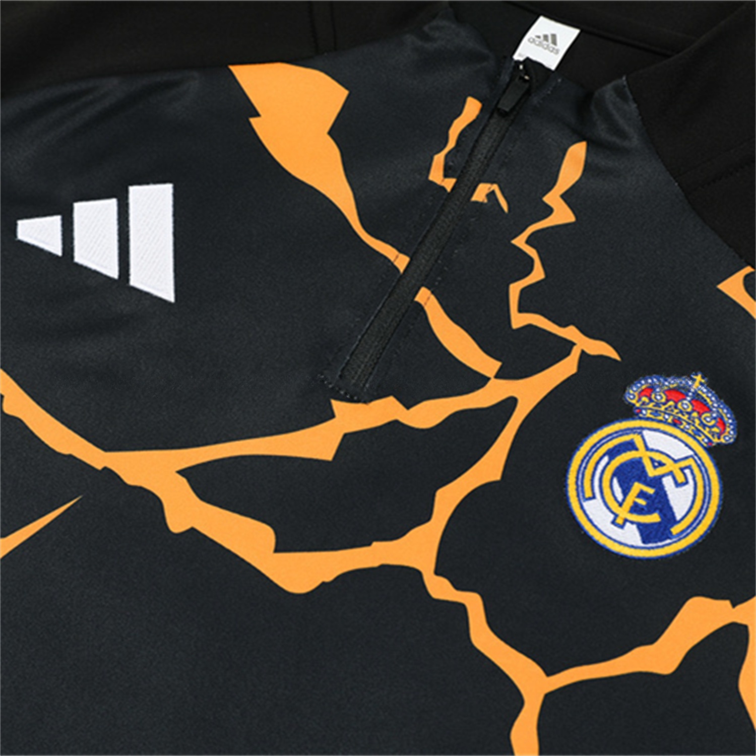 Real Madrid 25-26 Kids Long Sleeve Training Set - Player Version - Yellow Pattern Black Top and Black Pants - Unitedfutballjersey