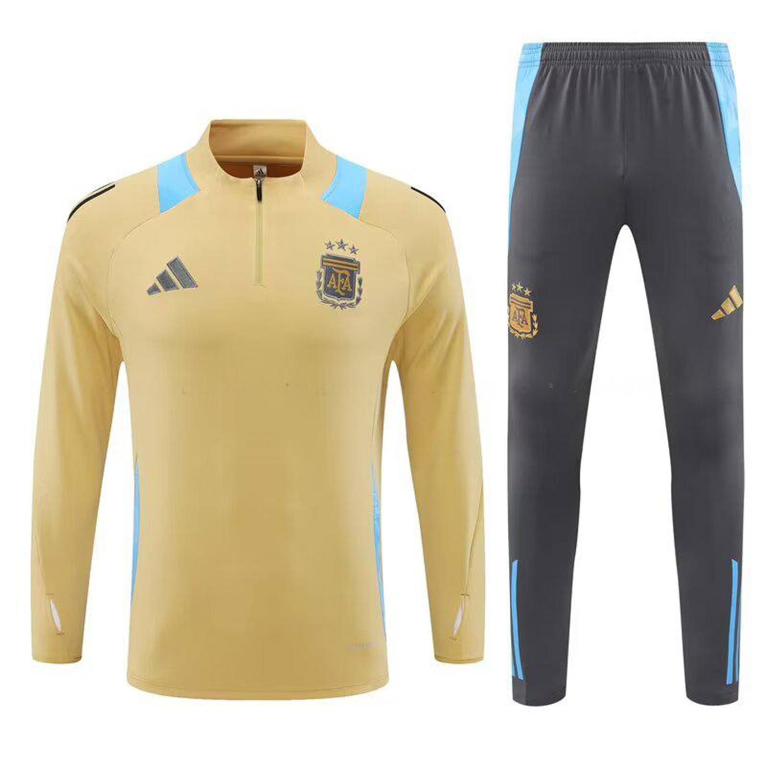 Argentina 25-26 Kids Long Sleeve Training Set - Gold Top and Grey Pants - Unitedfutballjersey