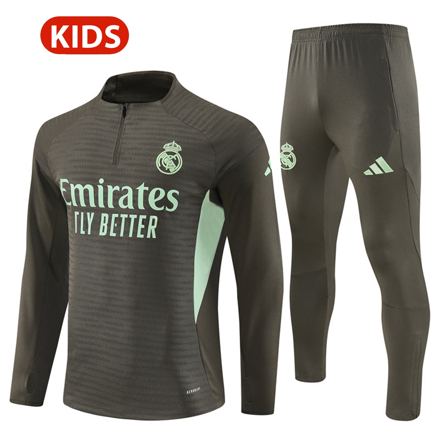 Real Madrid 25-26 Kids Long Sleeve Training Set - Player Version - Khaki Top and Khaki Pants - Unitedfutballjersey