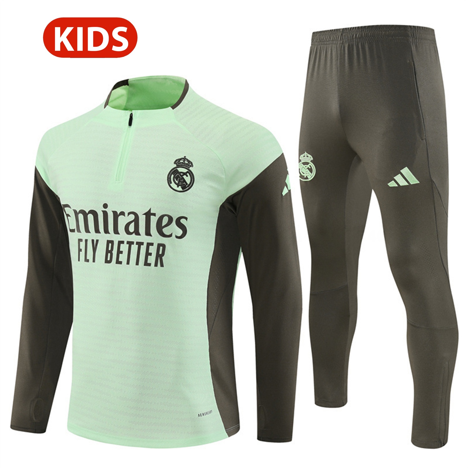 Real Madrid 25-26 Kids Long Sleeve Training Set - Player Version - Light Green Top and Khaki Pants - Unitedfutballjersey