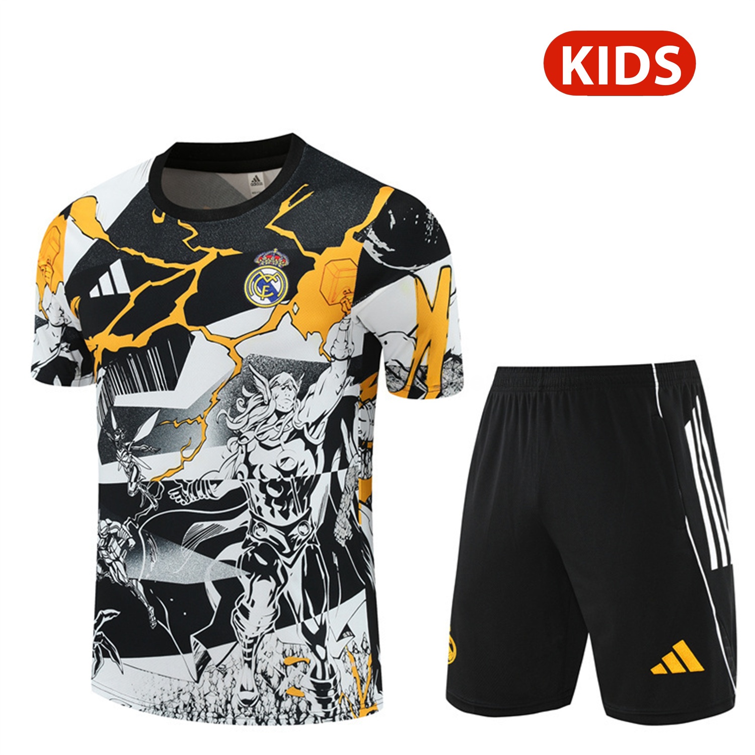 Real Madrid 25-26 Thunder Comics Kids Short-Sleeve Training Set - Comic Pattern Top & Shorts - Unitedfutballjersey