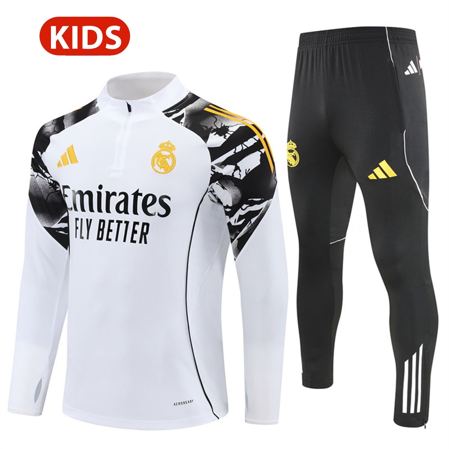 Real Madrid 25-26 Kids Long Sleeve Training Set - White Top & Black Pants - Unitedfutballjersey