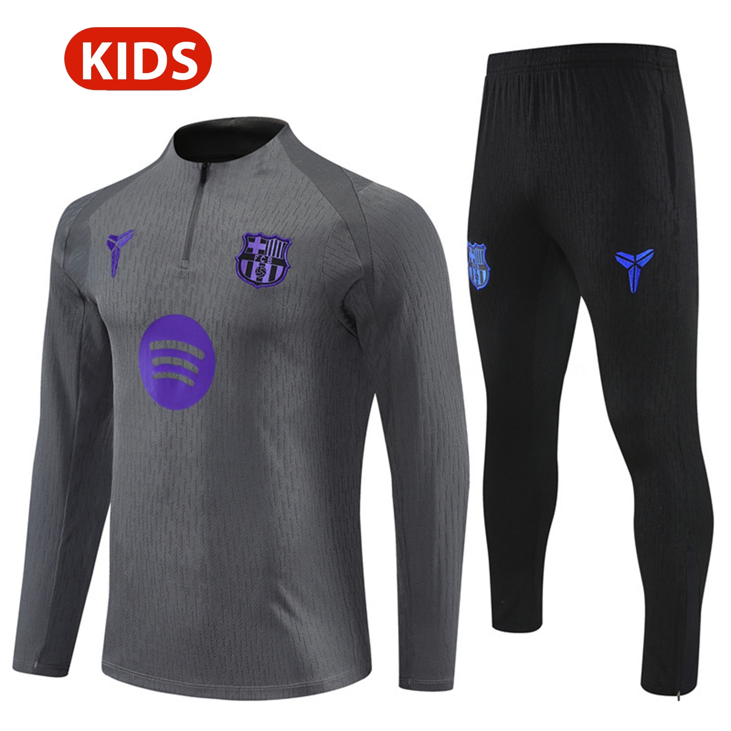 Barcelona 25-26 Kids Long Sleeve Training Set - Grey Top & Black Pants - Unitedfutballjersey