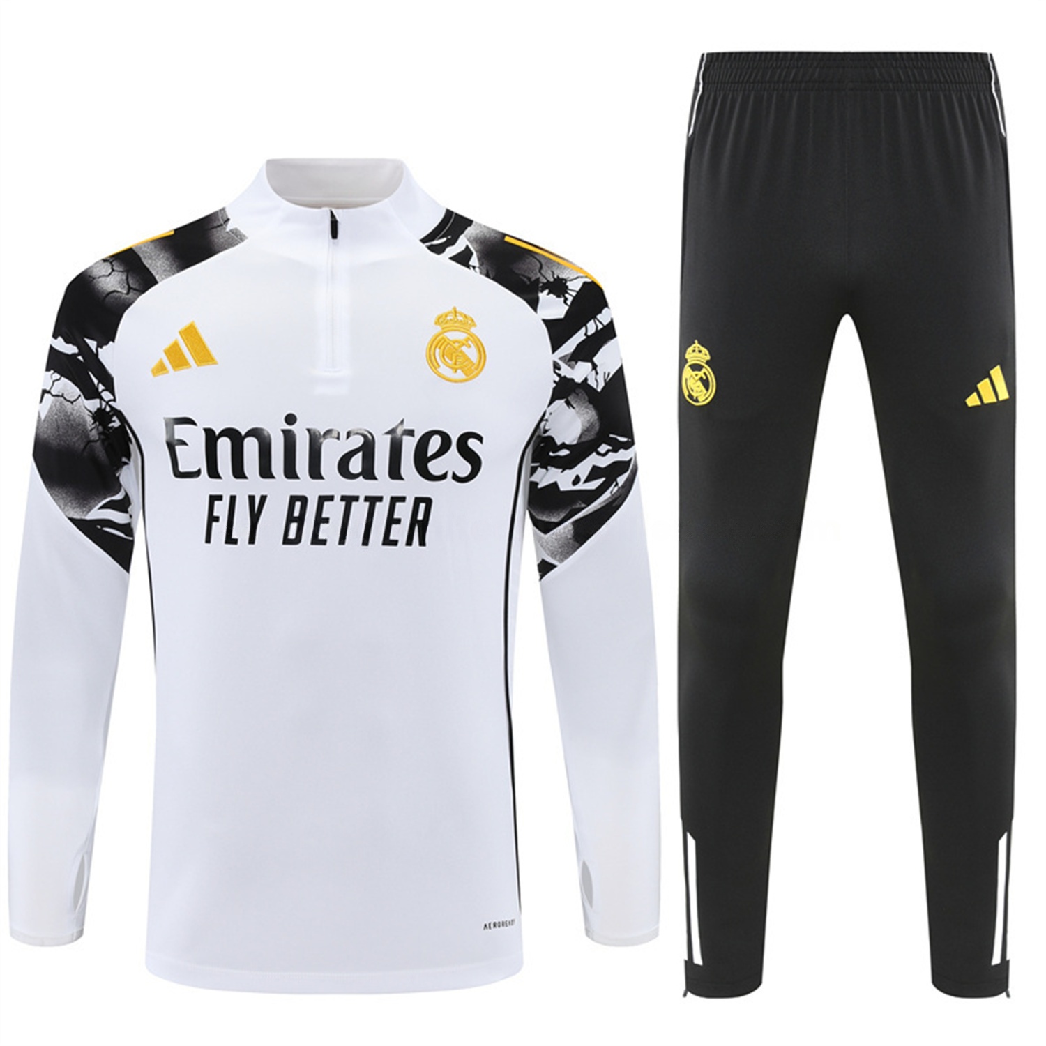 Real Madrid 25-26 Kids Long Sleeve Training Set - White Top & Black Pants - Unitedfutballjersey