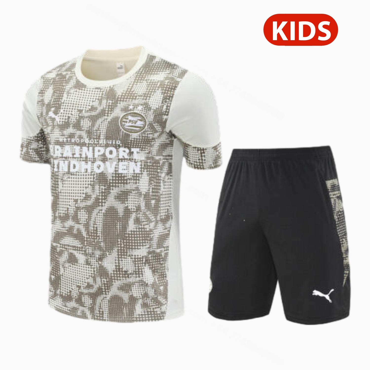PSV Eindhoven 25-26 Kids Short-Sleeve Training Set - Khaki Top & Black Shorts - Unitedfutballjersey