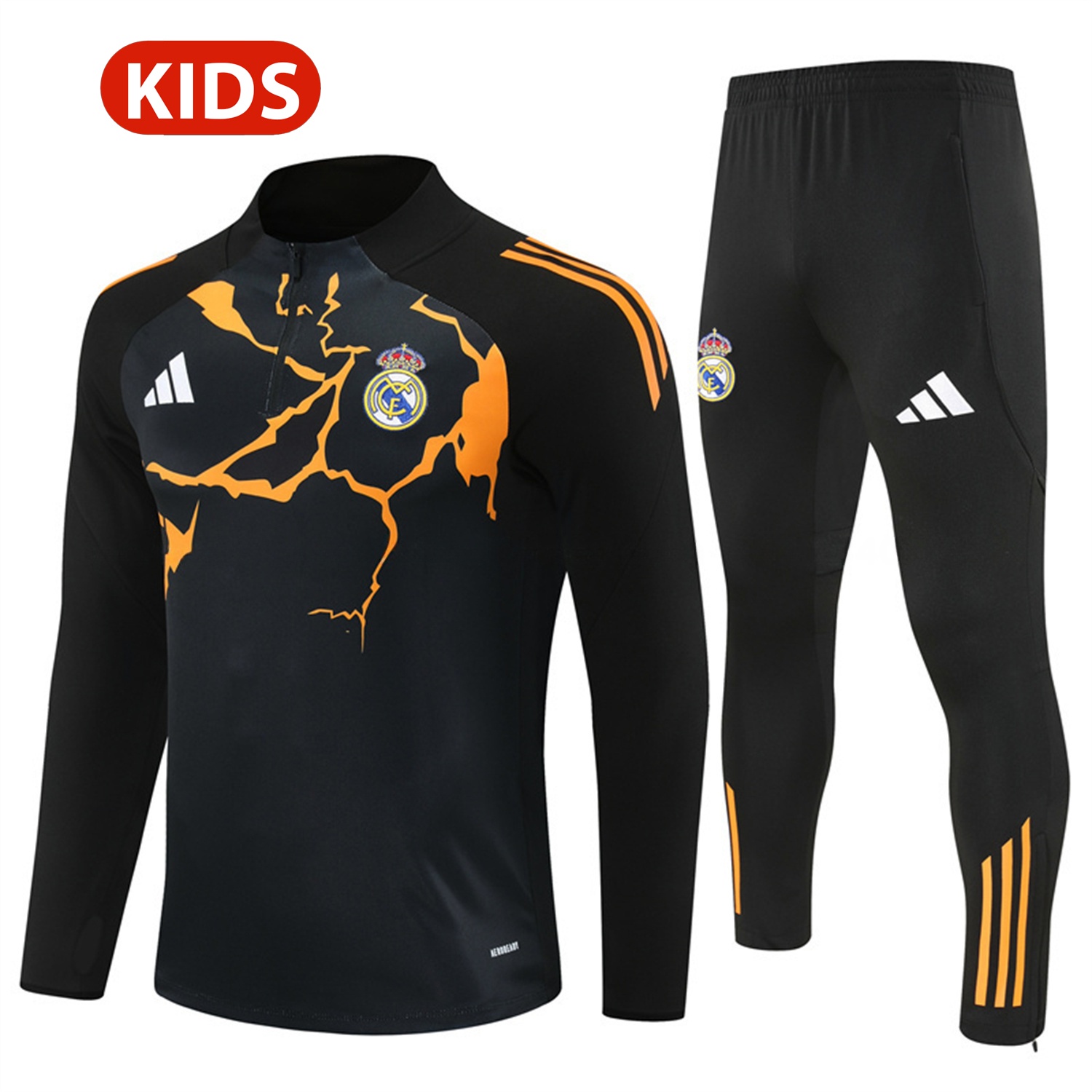 Real Madrid 25-26 Kids Long Sleeve Training Set - Player Version - Yellow Pattern Black Top and Black Pants - Unitedfutballjersey