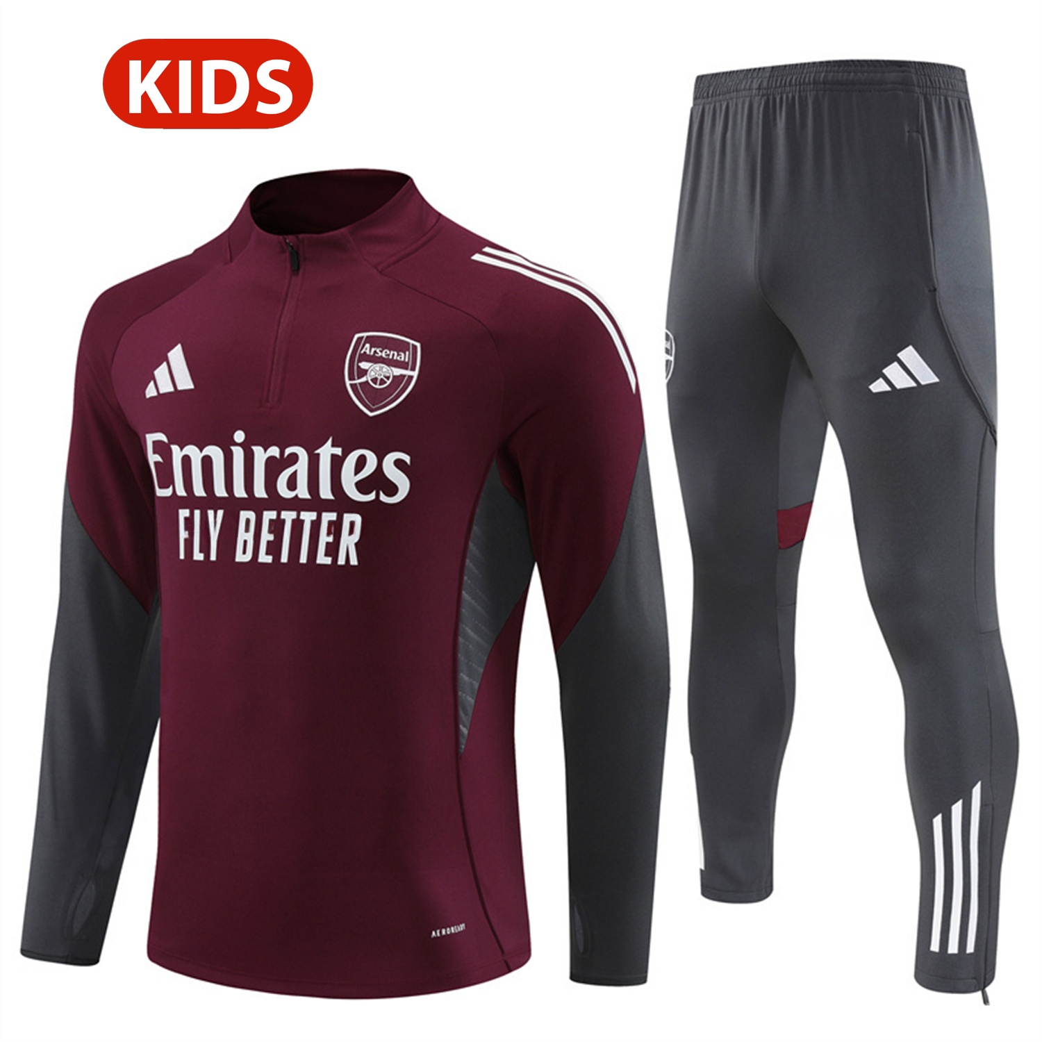 Arsenal 25-26 Kids Long Sleeve Training Set - Wine Red Top & Grey Pants - Unitedfutballjersey